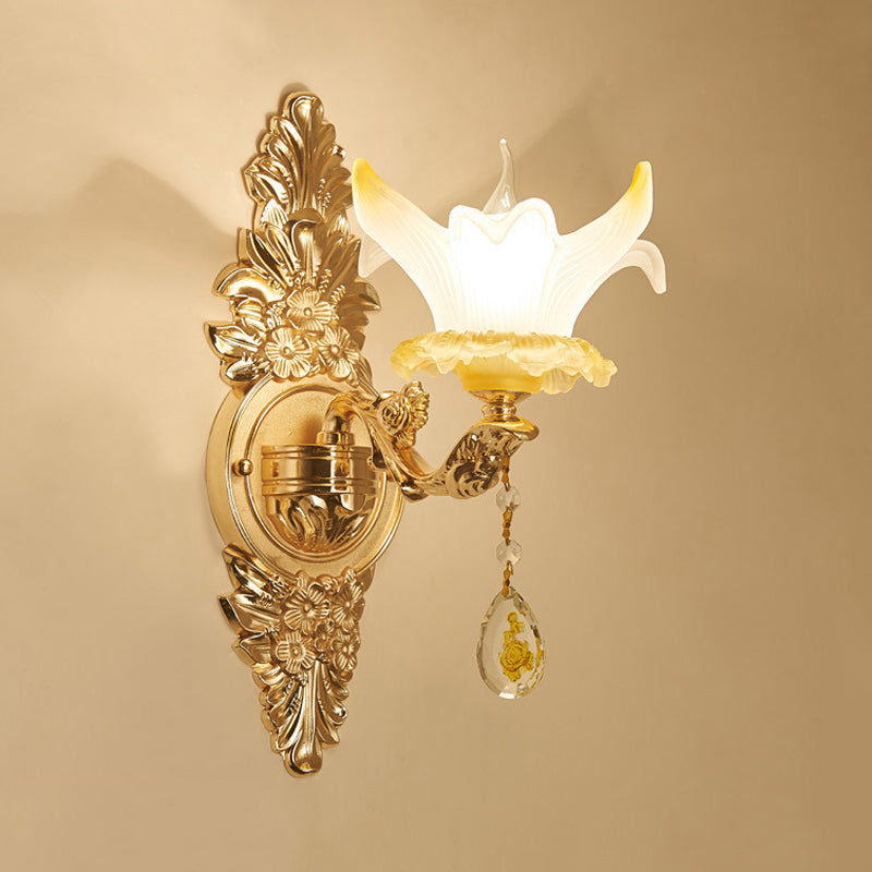 Petal Wall Sconce Vintage Style Opal Glass 1/2-Bulb Gold Wall Light Fixture with Teardrop Crystal Deco Clearhalo 'Modern wall lights' 'Modern' 'Wall Lamps & Sconces' 'Wall Lights' Lighting' 560093