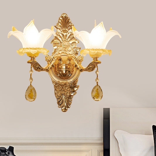 Petal Wall Sconce Vintage Style Opal Glass 1/2-Bulb Gold Wall Light Fixture with Teardrop Crystal Deco 2.0 Gold Clearhalo 'Modern wall lights' 'Modern' 'Wall Lamps & Sconces' 'Wall Lights' Lighting' 560096