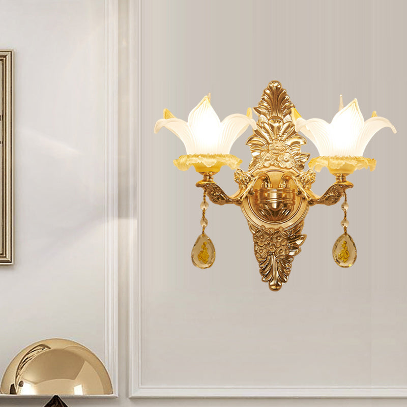 Petal Wall Sconce Vintage Style Opal Glass 1/2-Bulb Gold Wall Light Fixture with Teardrop Crystal Deco Clearhalo 'Modern wall lights' 'Modern' 'Wall Lamps & Sconces' 'Wall Lights' Lighting' 560097