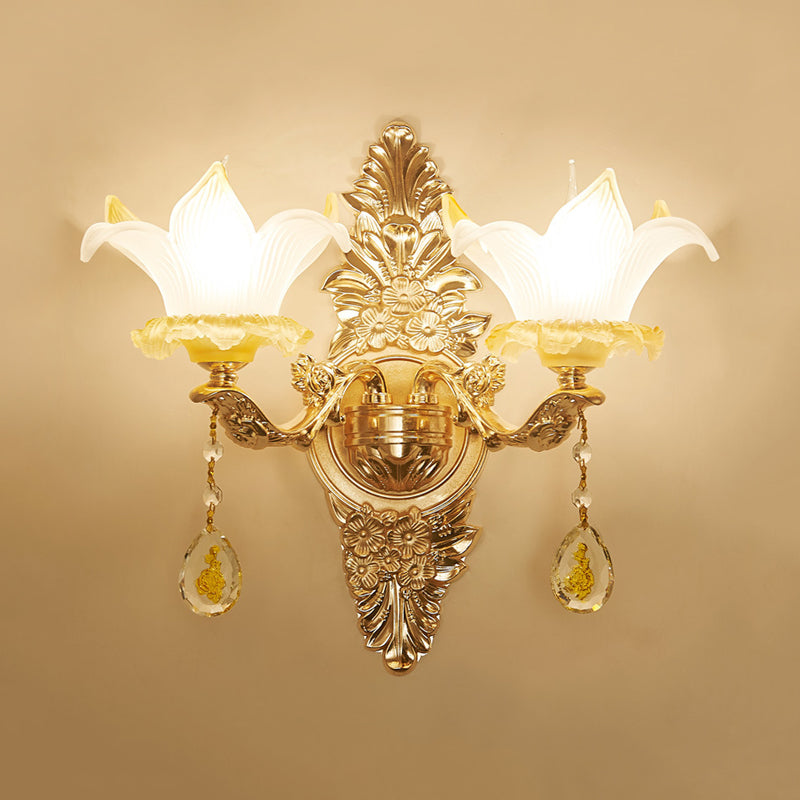 Petal Wall Sconce Vintage Style Opal Glass 1/2-Bulb Gold Wall Light Fixture with Teardrop Crystal Deco Clearhalo 'Modern wall lights' 'Modern' 'Wall Lamps & Sconces' 'Wall Lights' Lighting' 560098