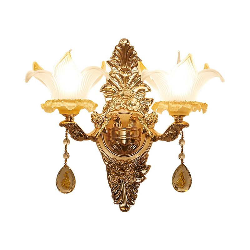 Petal Wall Sconce Vintage Style Opal Glass 1/2-Bulb Gold Wall Light Fixture with Teardrop Crystal Deco Clearhalo 'Modern wall lights' 'Modern' 'Wall Lamps & Sconces' 'Wall Lights' Lighting' 560099