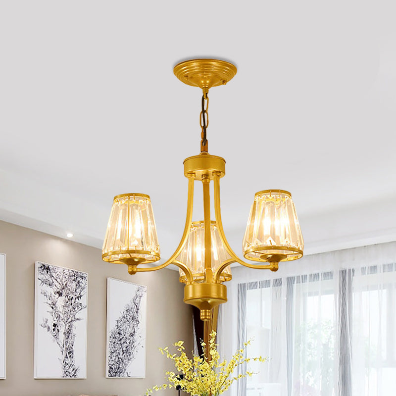 Contemporary Conical Chandelier Lamp Crystal 3/5/6 Lights Bedroom Hanging Light Fixture in Gold/Black 3 Gold Clearhalo 'Ceiling Lights' 'Chandeliers' 'Modern Chandeliers' 'Modern' Lighting' 560137