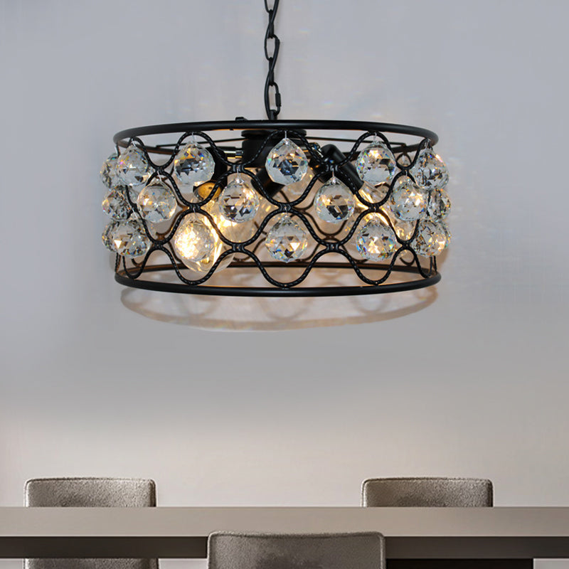 Drum Chandelier Light Fixture Vintage Metal and Crystal 3 Lights Black Ceiling Light for Living Room Black Clearhalo 'Ceiling Lights' 'Chandeliers' 'Modern Chandeliers' 'Modern' Lighting' 560188