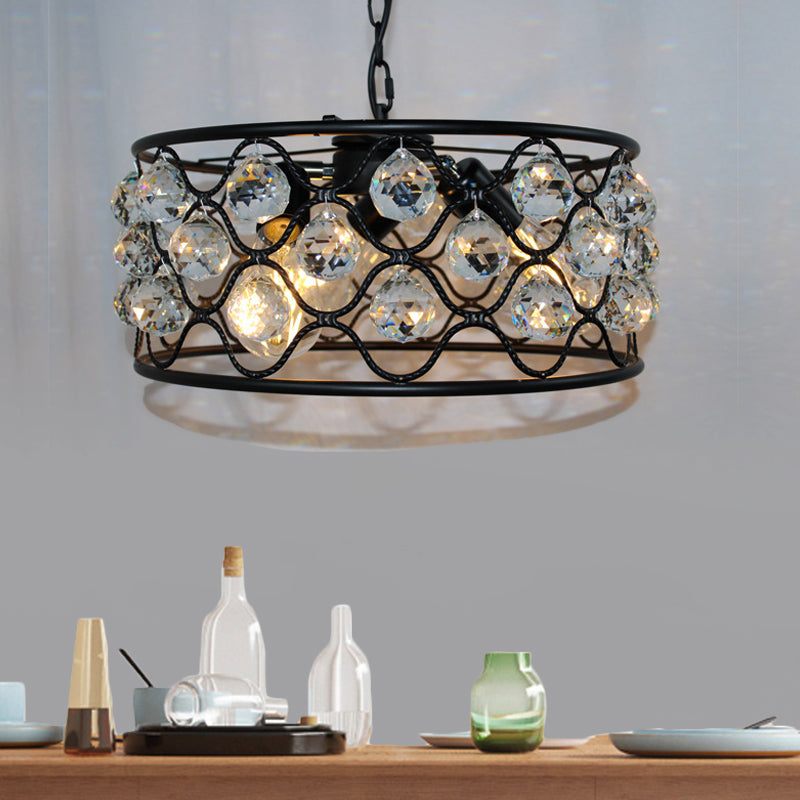 Drum Chandelier Light Fixture Vintage Metal and Crystal 3 Lights Black Ceiling Light for Living Room Clearhalo 'Ceiling Lights' 'Chandeliers' 'Modern Chandeliers' 'Modern' Lighting' 560189