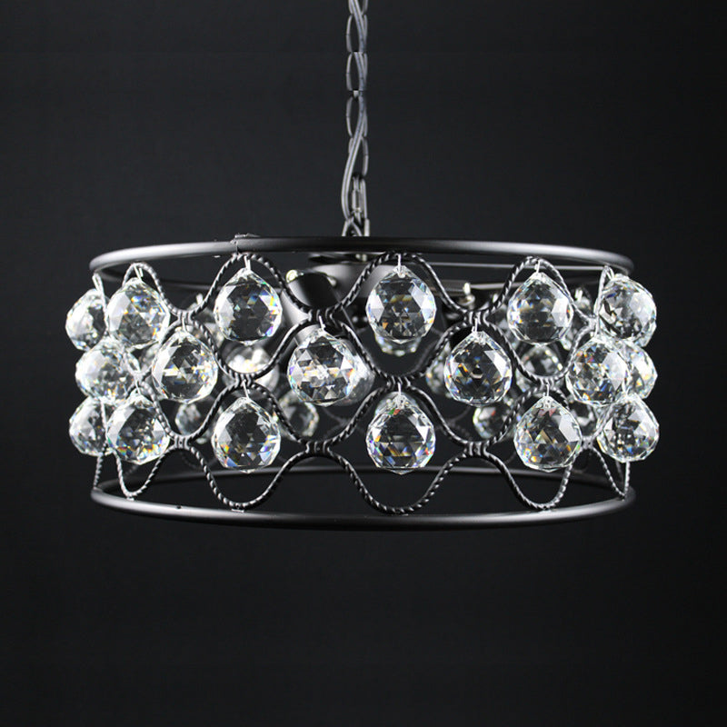 Drum Chandelier Light Fixture Vintage Metal and Crystal 3 Lights Black Ceiling Light for Living Room Clearhalo 'Ceiling Lights' 'Chandeliers' 'Modern Chandeliers' 'Modern' Lighting' 560191