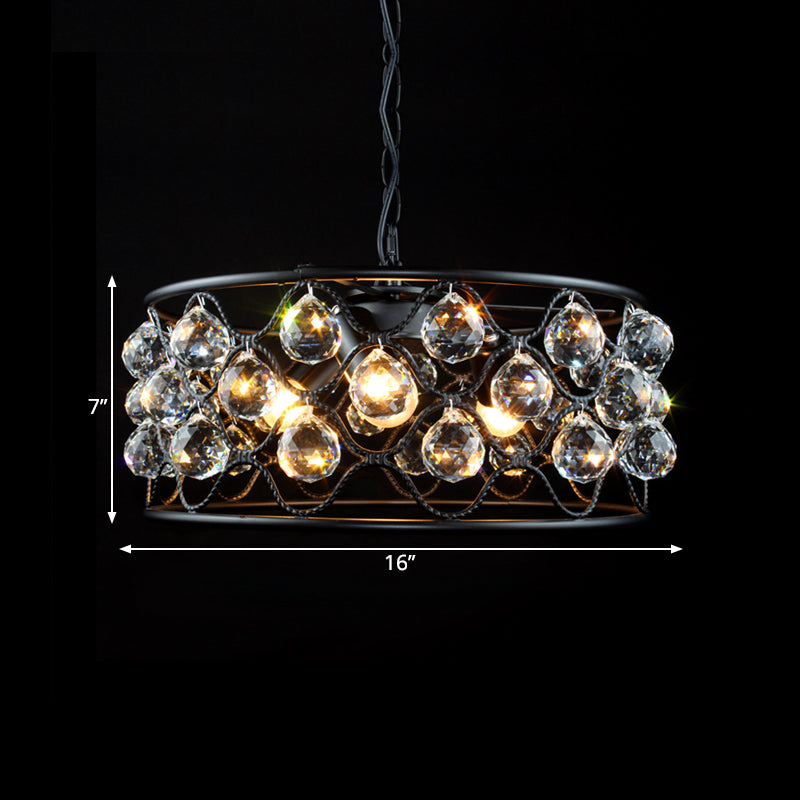 Drum Chandelier Light Fixture Vintage Metal and Crystal 3 Lights Black Ceiling Light for Living Room Clearhalo 'Ceiling Lights' 'Chandeliers' 'Modern Chandeliers' 'Modern' Lighting' 560192