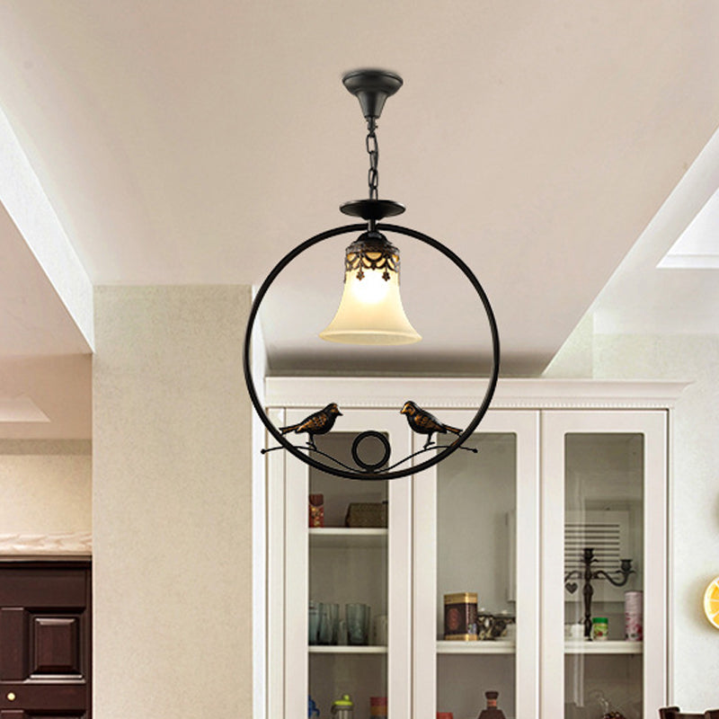 1 Light Round Pendant Lighting Fixture Classical Black Metal Hanging Ceiling Light with Bell Shade and Bird Clearhalo 'Ceiling Lights' 'Pendant Lights' 'Pendants' Lighting' 560213