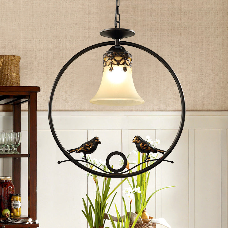 1 Light Round Pendant Lighting Fixture Classical Black Metal Hanging Ceiling Light with Bell Shade and Bird Clearhalo 'Ceiling Lights' 'Pendant Lights' 'Pendants' Lighting' 560214