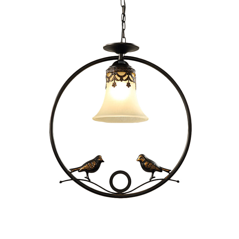 1 Light Round Pendant Lighting Fixture Classical Black Metal Hanging Ceiling Light with Bell Shade and Bird Clearhalo 'Ceiling Lights' 'Pendant Lights' 'Pendants' Lighting' 560215