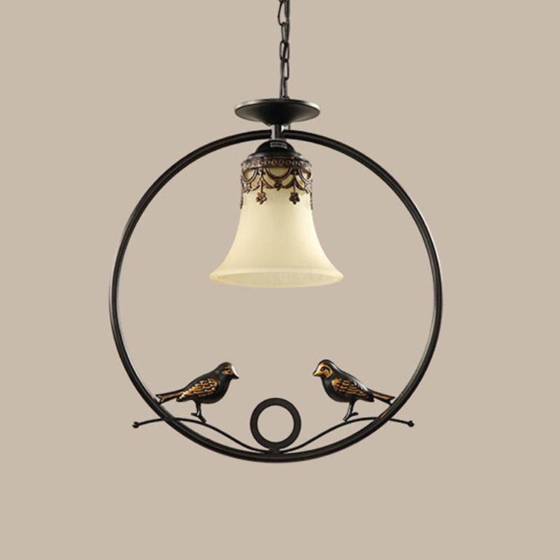 1 Light Round Pendant Lighting Fixture Classical Black Metal Hanging Ceiling Light with Bell Shade and Bird Clearhalo 'Ceiling Lights' 'Pendant Lights' 'Pendants' Lighting' 560216