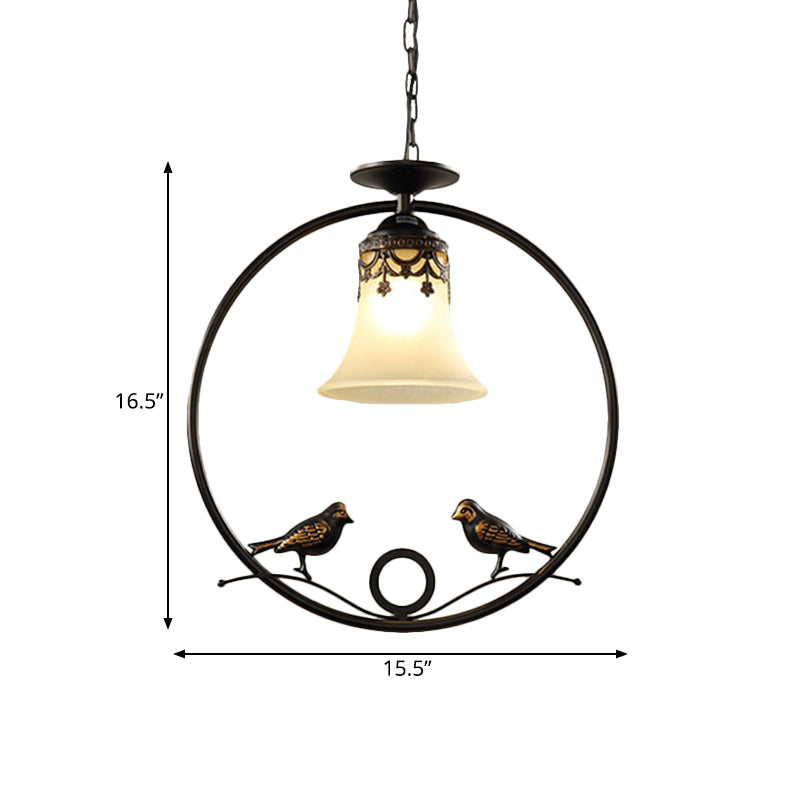 1 Light Round Pendant Lighting Fixture Classical Black Metal Hanging Ceiling Light with Bell Shade and Bird Clearhalo 'Ceiling Lights' 'Pendant Lights' 'Pendants' Lighting' 560217