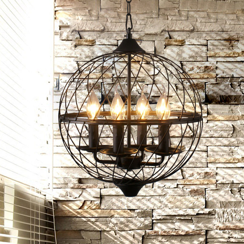 4 Lights Metal Pendant Chandelier Classic Black Candle Dining Room Hanging Ceiling Fixture with Globe Cage Clearhalo 'Ceiling Lights' 'Chandeliers' Lighting' options 560283