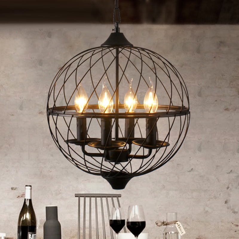 4 Lights Metal Pendant Chandelier Classic Black Candle Dining Room Hanging Ceiling Fixture with Globe Cage Clearhalo 'Ceiling Lights' 'Chandeliers' Lighting' options 560284