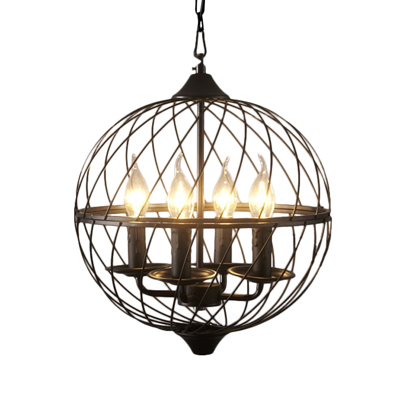 4 Lights Metal Pendant Chandelier Classic Black Candle Dining Room Hanging Ceiling Fixture with Globe Cage Clearhalo 'Ceiling Lights' 'Chandeliers' Lighting' options 560286