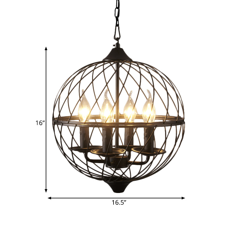 4 Lights Metal Pendant Chandelier Classic Black Candle Dining Room Hanging Ceiling Fixture with Globe Cage Clearhalo 'Ceiling Lights' 'Chandeliers' Lighting' options 560287