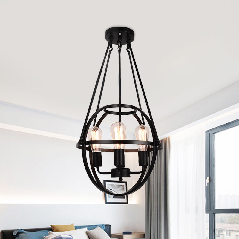 Spherical Metal Chandelier Light Traditional 3 Lights Dining Room Pendant Lighting in Black Clearhalo 'Ceiling Lights' 'Chandeliers' Lighting' options 560288