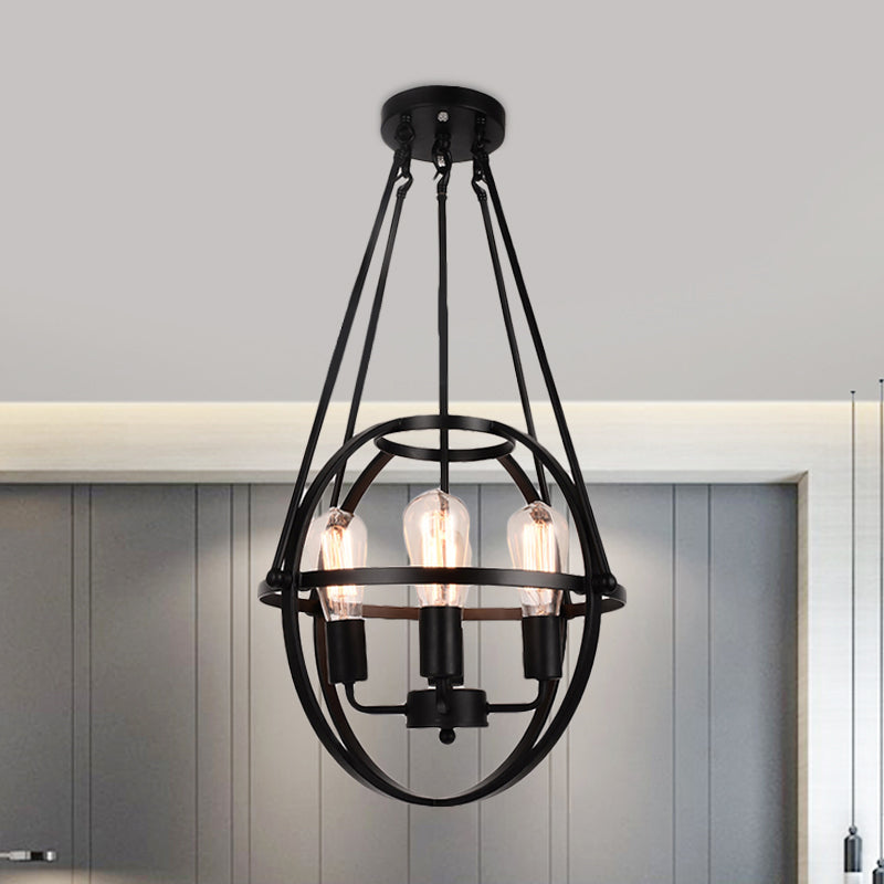 Spherical Metal Chandelier Light Traditional 3 Lights Dining Room Pendant Lighting in Black Clearhalo 'Ceiling Lights' 'Chandeliers' Lighting' options 560289