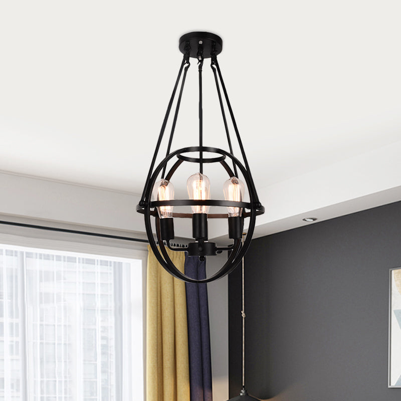 Spherical Metal Chandelier Light Traditional 3 Lights Dining Room Pendant Lighting in Black Clearhalo 'Ceiling Lights' 'Chandeliers' Lighting' options 560290