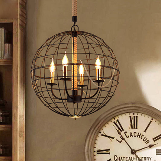 Candle Living Room Pendant Chandelier Traditional Metal 3/4 Lights Black Hanging Fixture with Globe Cage Clearhalo 'Ceiling Lights' 'Chandeliers' Lighting' options 560306