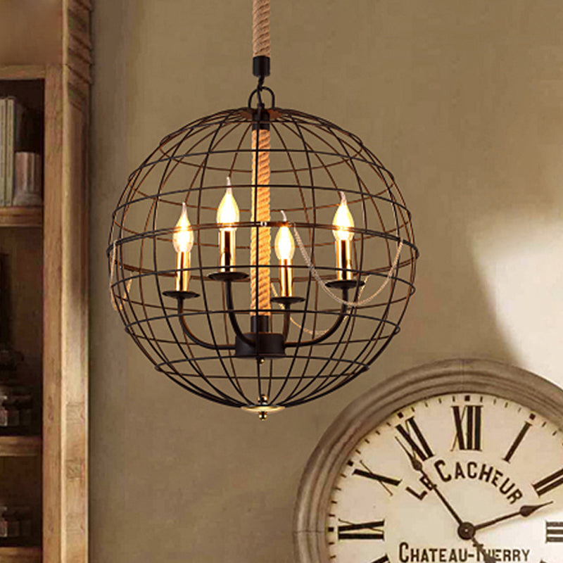 Candle Living Room Pendant Chandelier Traditional Metal 3/4 Lights Black Hanging Fixture with Globe Cage 4 Black Clearhalo 'Ceiling Lights' 'Chandeliers' Lighting' options 560306_c4e57414-568c-439d-ad96-58fe4781af06