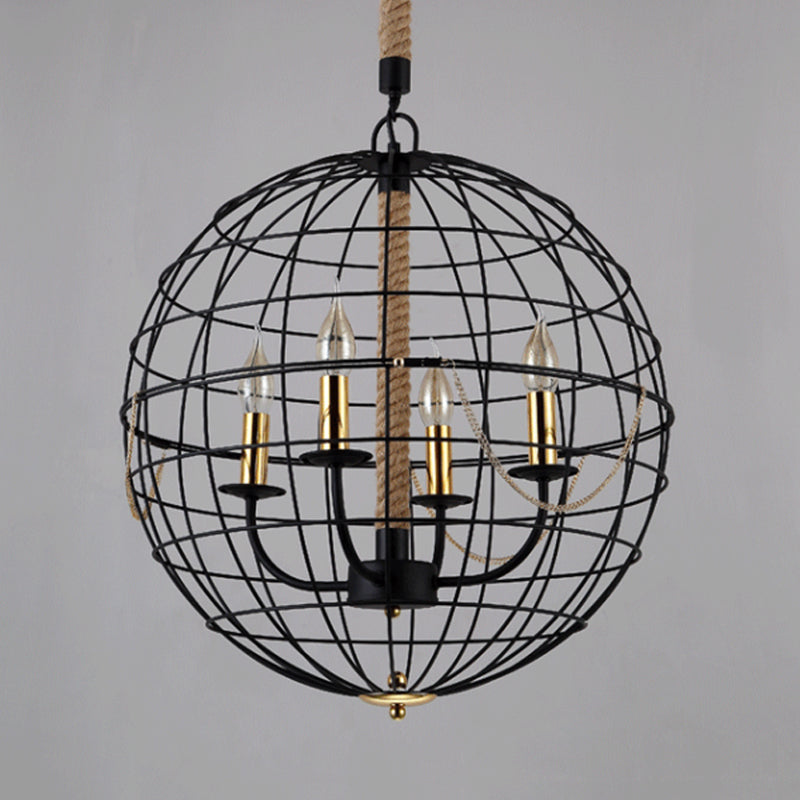 Candle Living Room Pendant Chandelier Traditional Metal 3/4 Lights Black Hanging Fixture with Globe Cage Clearhalo 'Ceiling Lights' 'Chandeliers' Lighting' options 560309