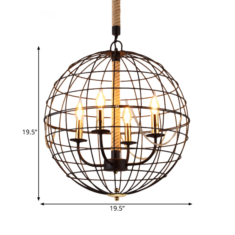 Candle Living Room Pendant Chandelier Traditional Metal 3/4 Lights Black Hanging Fixture with Globe Cage Clearhalo 'Ceiling Lights' 'Chandeliers' Lighting' options 560310