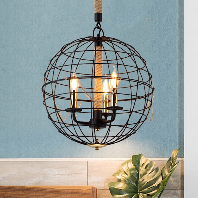 Candle Living Room Pendant Chandelier Traditional Metal 3/4 Lights Black Hanging Fixture with Globe Cage Clearhalo 'Ceiling Lights' 'Chandeliers' Lighting' options 560311