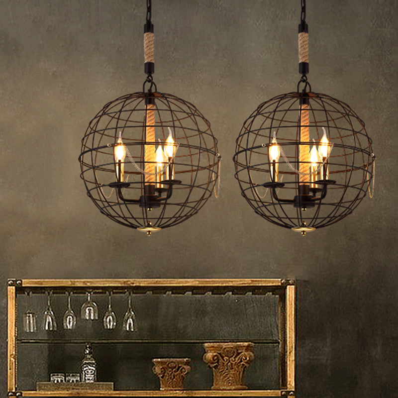 Candle Living Room Pendant Chandelier Traditional Metal 3/4 Lights Black Hanging Fixture with Globe Cage Clearhalo 'Ceiling Lights' 'Chandeliers' Lighting' options 560312