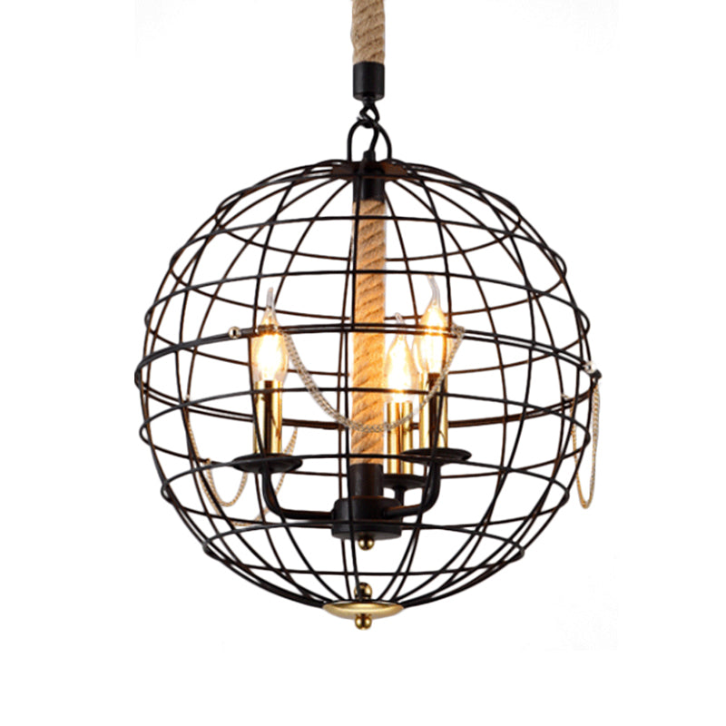 Candle Living Room Pendant Chandelier Traditional Metal 3/4 Lights Black Hanging Fixture with Globe Cage Clearhalo 'Ceiling Lights' 'Chandeliers' Lighting' options 560313