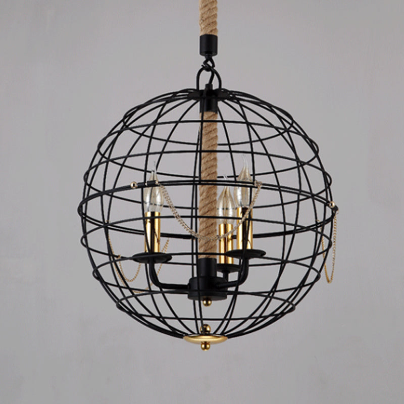 Candle Living Room Pendant Chandelier Traditional Metal 3/4 Lights Black Hanging Fixture with Globe Cage Clearhalo 'Ceiling Lights' 'Chandeliers' Lighting' options 560314