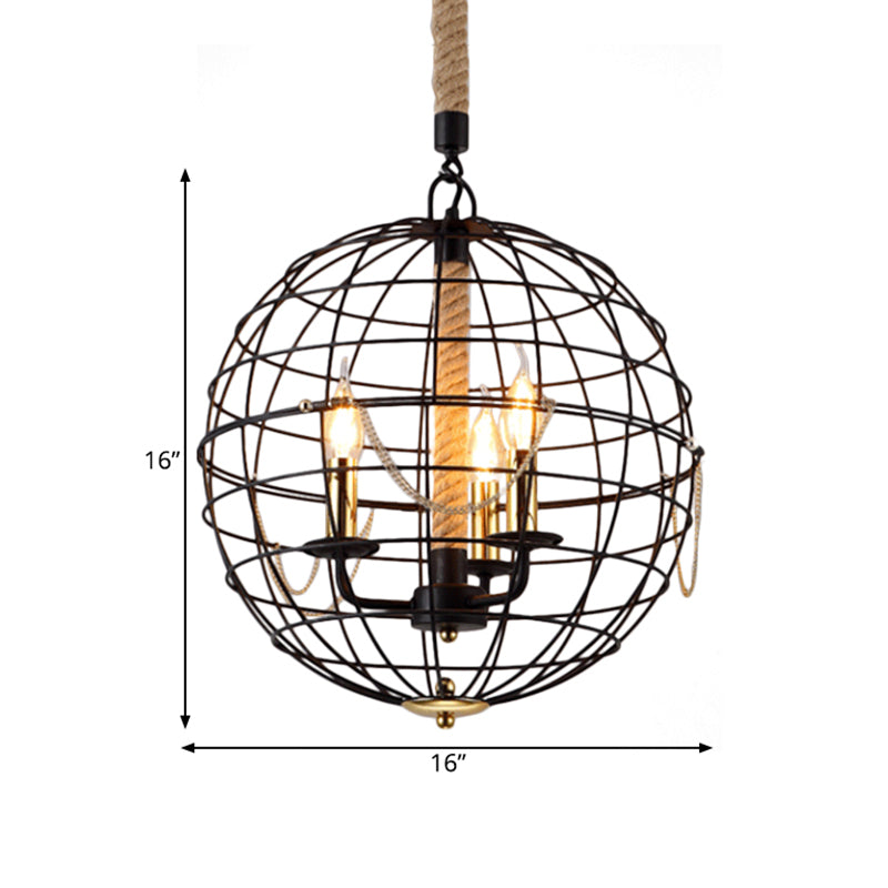 Candle Living Room Pendant Chandelier Traditional Metal 3/4 Lights Black Hanging Fixture with Globe Cage Clearhalo 'Ceiling Lights' 'Chandeliers' Lighting' options 560315