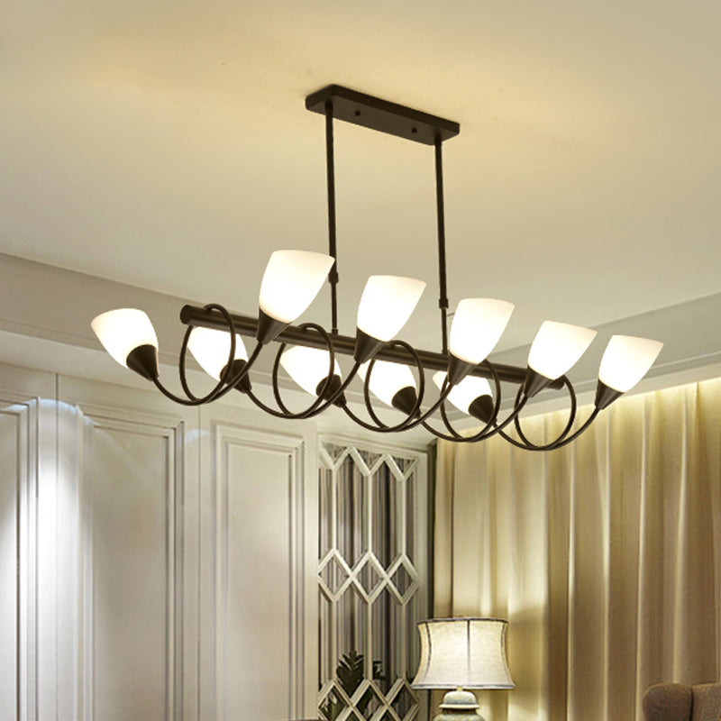 Linear Dining Room Pendant Light Fixture Traditional Milky Glass 6/8/10 Lights Black Hanging Lamp Kit, Up/Down 10 Black Up Clearhalo 'Ceiling Lights' 'Glass shade' 'Glass' 'Island Lights' Lighting' 560371