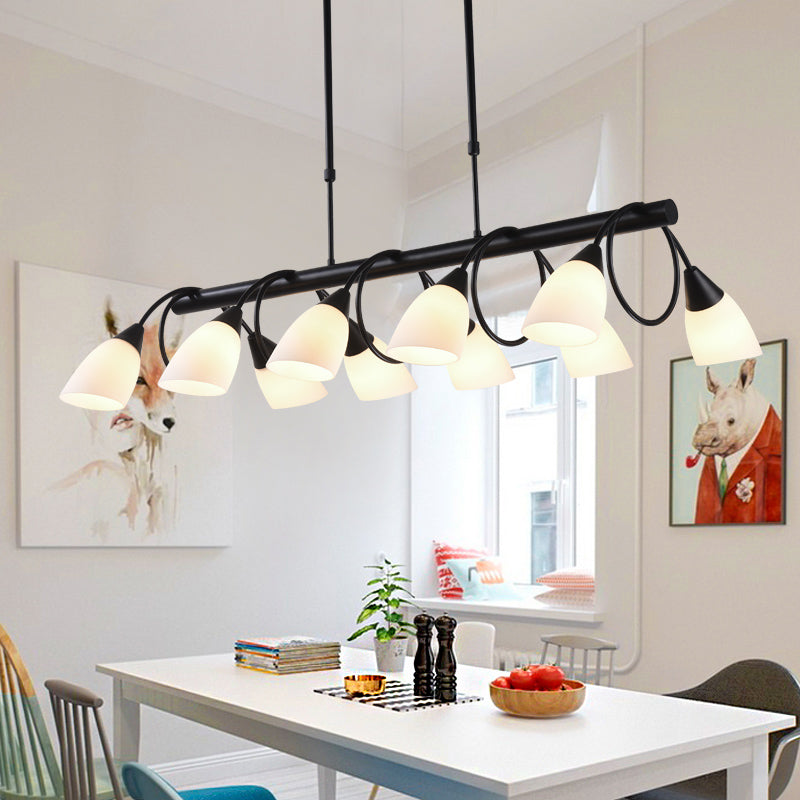 Linear Dining Room Pendant Light Fixture Traditional Milky Glass 6/8/10 Lights Black Hanging Lamp Kit, Up/Down 10 Black Down Clearhalo 'Ceiling Lights' 'Glass shade' 'Glass' 'Island Lights' Lighting' 560376