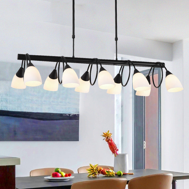 Linear Dining Room Pendant Light Fixture Traditional Milky Glass 6/8/10 Lights Black Hanging Lamp Kit, Up/Down Clearhalo 'Ceiling Lights' 'Glass shade' 'Glass' 'Island Lights' Lighting' 560377