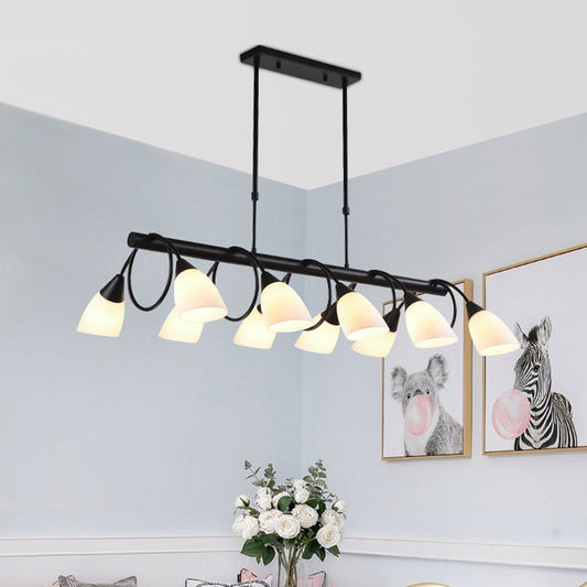 Linear Dining Room Pendant Light Fixture Traditional Milky Glass 6/8/10 Lights Black Hanging Lamp Kit, Up/Down Clearhalo 'Ceiling Lights' 'Glass shade' 'Glass' 'Island Lights' Lighting' 560378