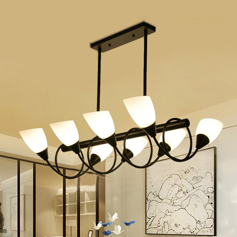 Linear Dining Room Pendant Light Fixture Traditional Milky Glass 6/8/10 Lights Black Hanging Lamp Kit, Up/Down 8 Black Up Clearhalo 'Ceiling Lights' 'Glass shade' 'Glass' 'Island Lights' Lighting' 560381