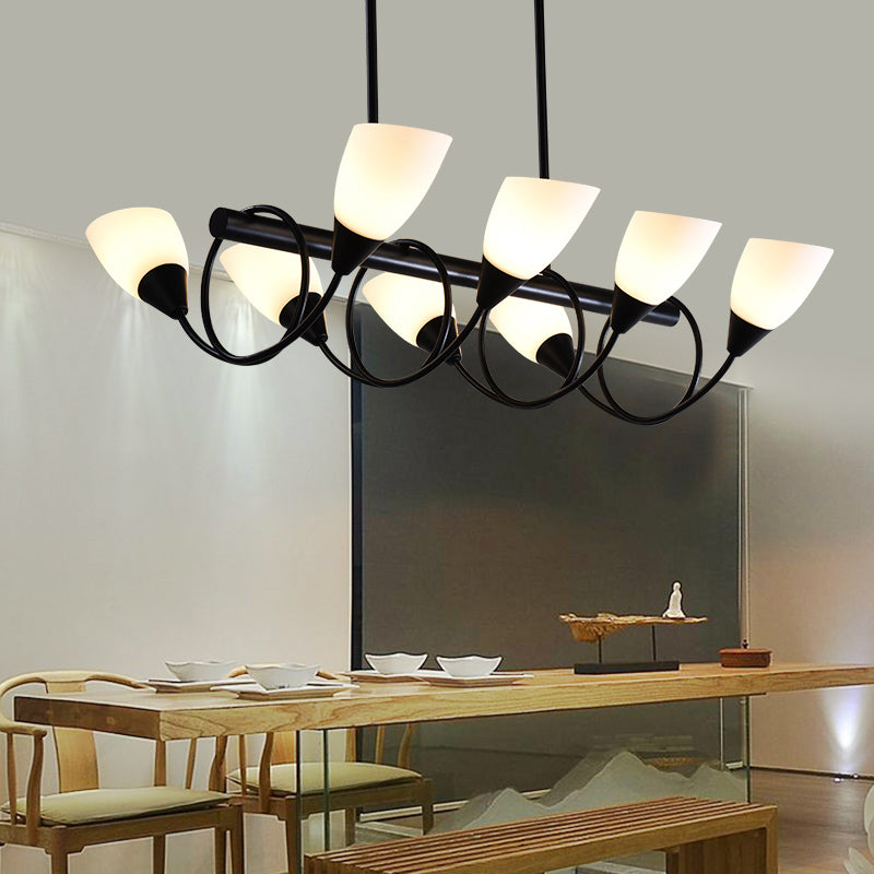 Linear Dining Room Pendant Light Fixture Traditional Milky Glass 6/8/10 Lights Black Hanging Lamp Kit, Up/Down Clearhalo 'Ceiling Lights' 'Glass shade' 'Glass' 'Island Lights' Lighting' 560382