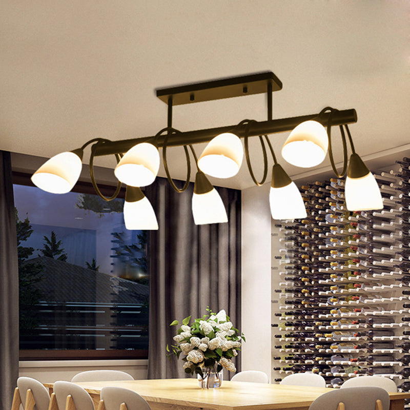 Linear Dining Room Pendant Light Fixture Traditional Milky Glass 6/8/10 Lights Black Hanging Lamp Kit, Up/Down Clearhalo 'Ceiling Lights' 'Glass shade' 'Glass' 'Island Lights' Lighting' 560387