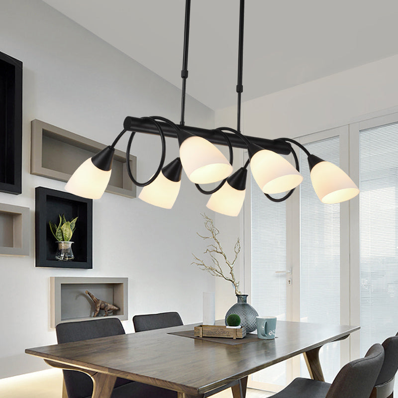 Linear Dining Room Pendant Light Fixture Traditional Milky Glass 6/8/10 Lights Black Hanging Lamp Kit, Up/Down 6 Black Down Clearhalo 'Ceiling Lights' 'Glass shade' 'Glass' 'Island Lights' Lighting' 560396