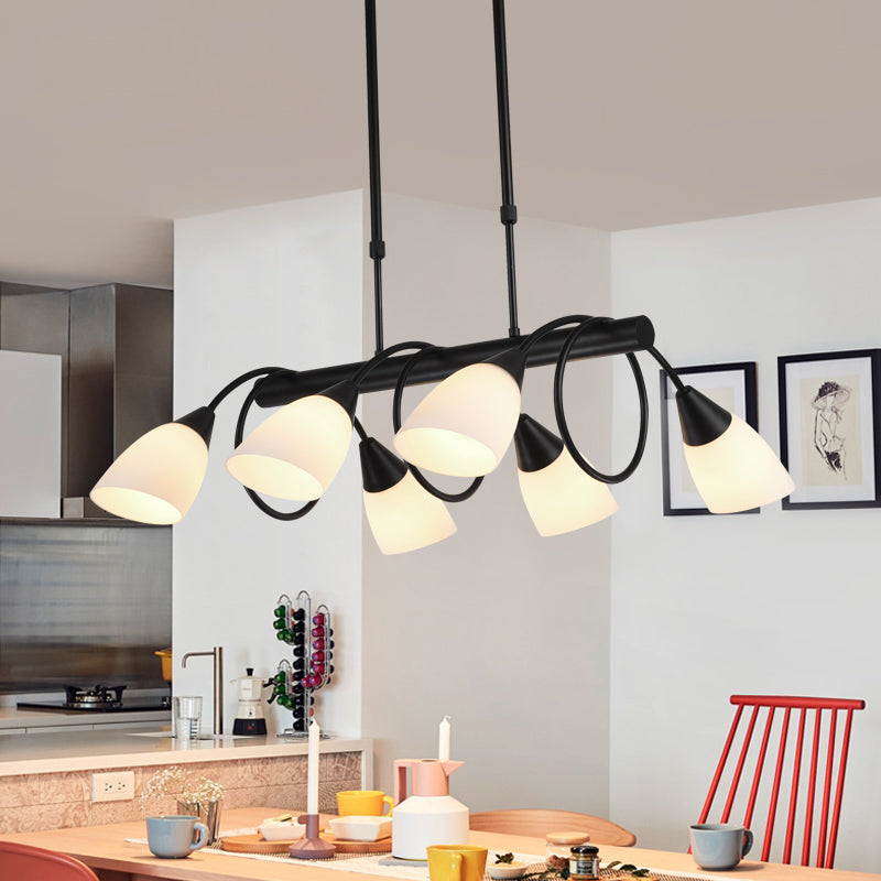 Linear Dining Room Pendant Light Fixture Traditional Milky Glass 6/8/10 Lights Black Hanging Lamp Kit, Up/Down Clearhalo 'Ceiling Lights' 'Glass shade' 'Glass' 'Island Lights' Lighting' 560397