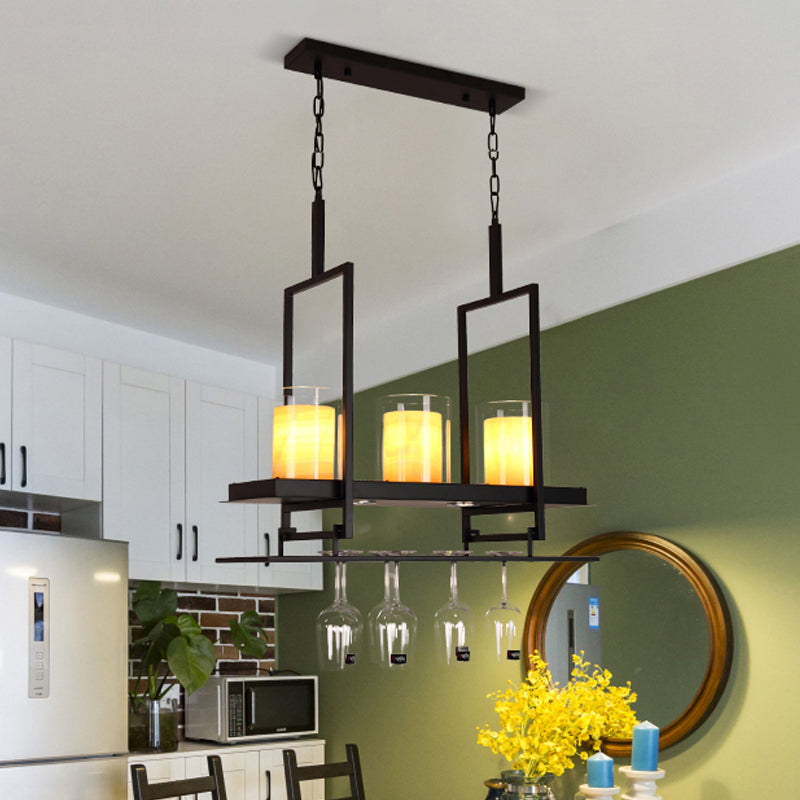 Black 3/5 Lights Island Light Fixture Traditional Clear Glass Cylindrical Pendant Lighting for Dining Room 3 Black Clearhalo 'Ceiling Lights' 'Chandeliers' 'Glass shade' 'Glass' 'Island Lights' 'Pendant Lights' Lighting' 560401