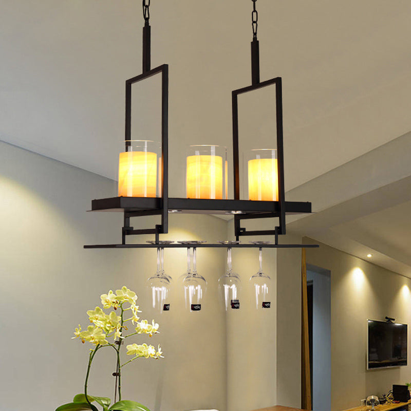 Black 3/5 Lights Island Light Fixture Traditional Clear Glass Cylindrical Pendant Lighting for Dining Room Clearhalo 'Ceiling Lights' 'Chandeliers' 'Glass shade' 'Glass' 'Island Lights' 'Pendant Lights' Lighting' 560402