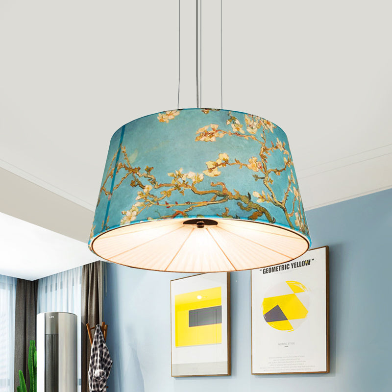 Fabric Drum Hanging Chandelier Nordic 4 Lights Living Room Pendant Light in White/Blue/Beige with Apricot Design Blue Clearhalo 'Ceiling Lights' 'Chandeliers' Lighting' options 560423_222fafca-ef02-48ab-ba1a-36cb0920eb30
