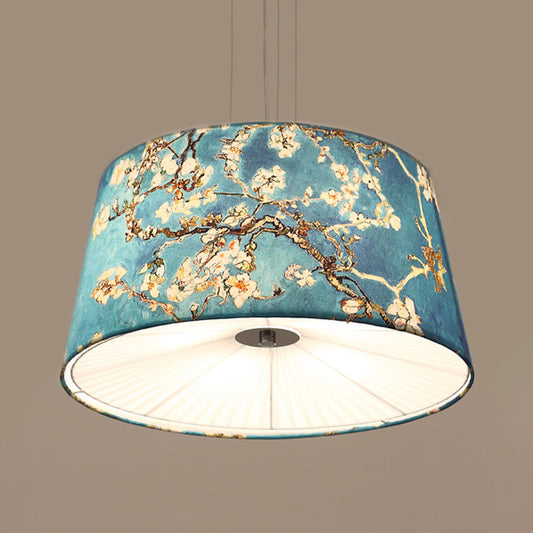 Fabric Drum Hanging Chandelier Nordic 4 Lights Living Room Pendant Light in White/Blue/Beige with Apricot Design Clearhalo 'Ceiling Lights' 'Chandeliers' Lighting' options 560426