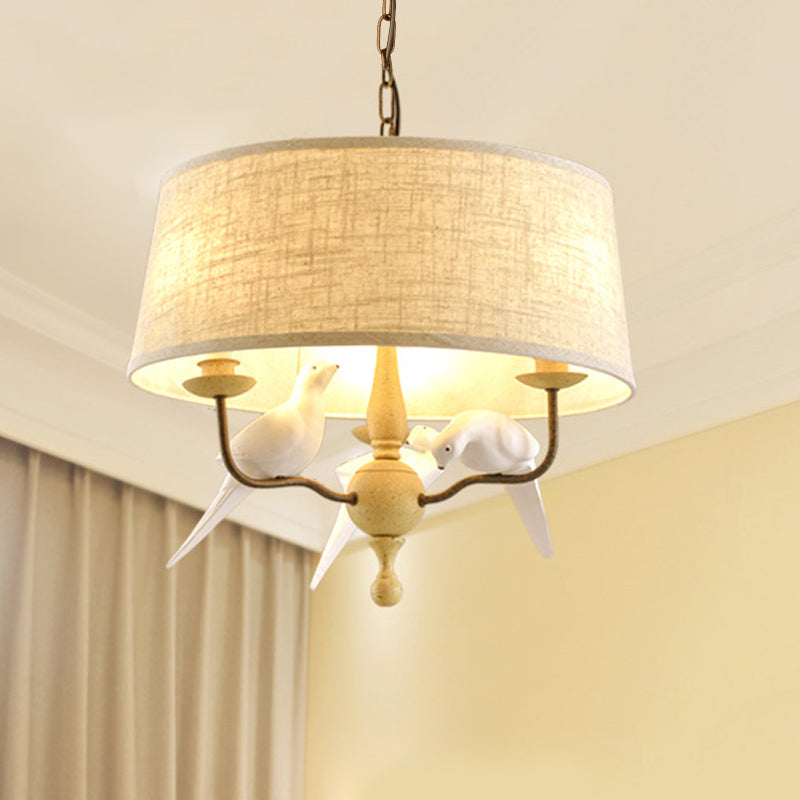 3 Lights Drum Chandelier Light Vintage White Fabric Hanging Ceiling Fixture with Bird Clearhalo 'Ceiling Lights' 'Chandeliers' Lighting' options 560437