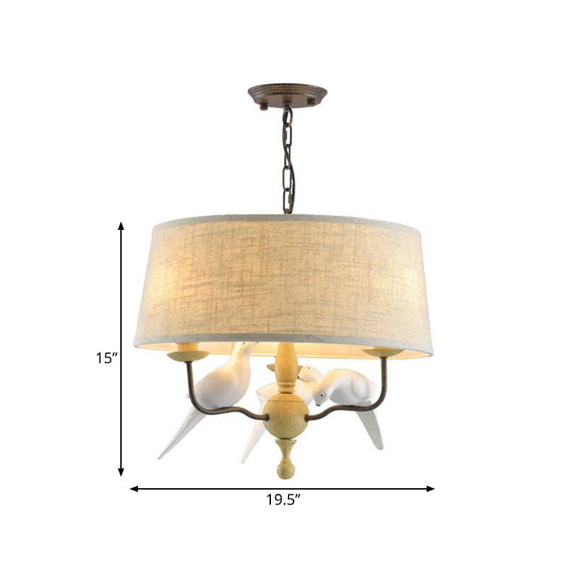 3 Lights Drum Chandelier Light Vintage White Fabric Hanging Ceiling Fixture with Bird Clearhalo 'Ceiling Lights' 'Chandeliers' Lighting' options 560440