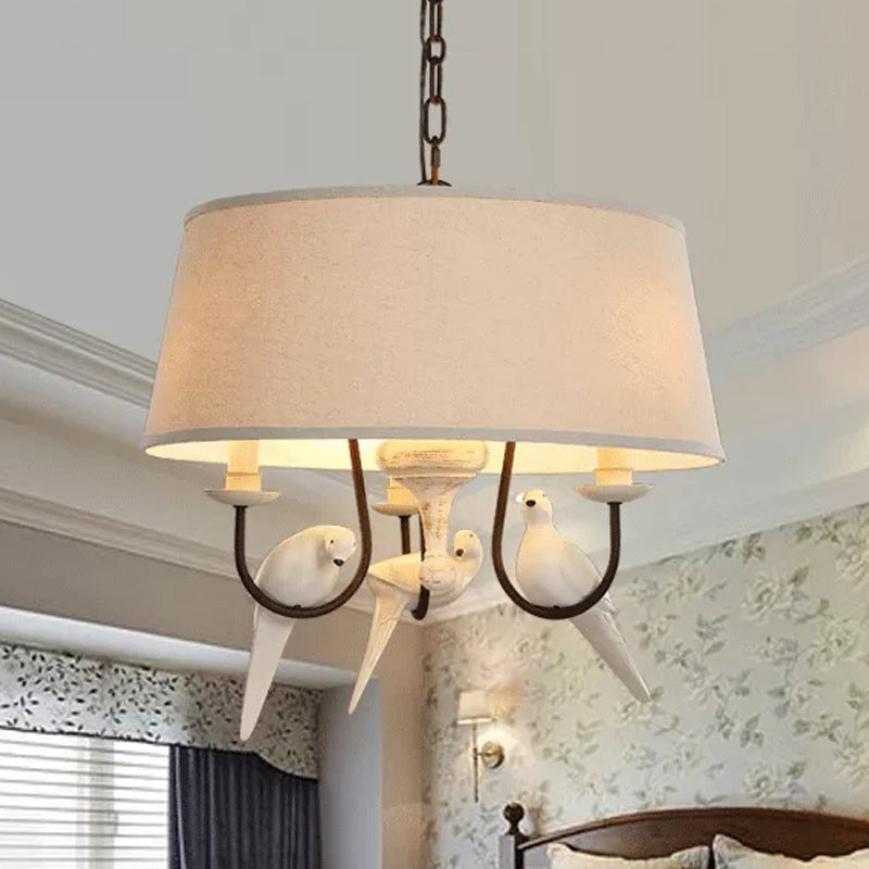 Fabric Beige Pendant Lamp Drum 3 Lights Vintage Chandelier Light Fixture for Bedroom with Bird Beige Clearhalo 'Ceiling Lights' 'Chandeliers' Lighting' options 560441_f2fd067a-2e5f-4acb-822e-1da9d5157840