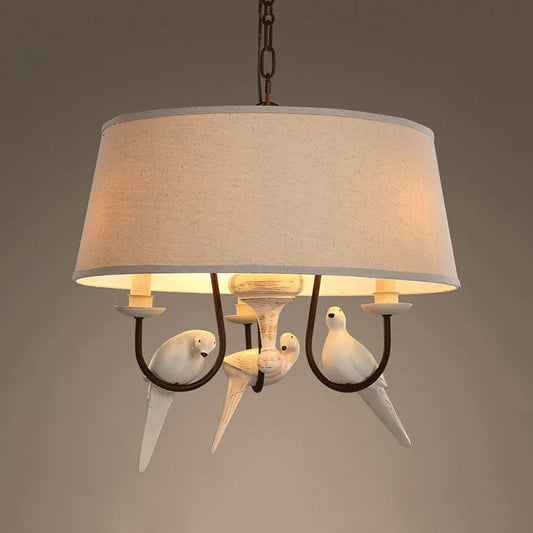 Fabric Beige Pendant Lamp Drum 3 Lights Vintage Chandelier Light Fixture for Bedroom with Bird Clearhalo 'Ceiling Lights' 'Chandeliers' Lighting' options 560444