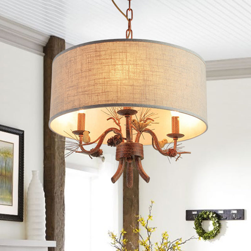 3 Bulbs Ceiling Lamp Drum Shade Fabric Vintage Dining Room Chandelier Pendant Light with Pine Branch Design and Birds Flaxen Clearhalo 'Ceiling Lights' 'Chandeliers' Lighting' options 560446_548ad327-3e90-40ac-b0dd-65fa12b76aaa