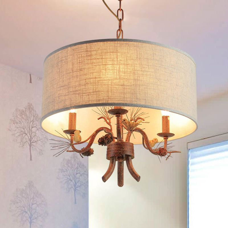 3 Bulbs Ceiling Lamp Drum Shade Fabric Vintage Dining Room Chandelier Pendant Light with Pine Branch Design and Birds Clearhalo 'Ceiling Lights' 'Chandeliers' Lighting' options 560447